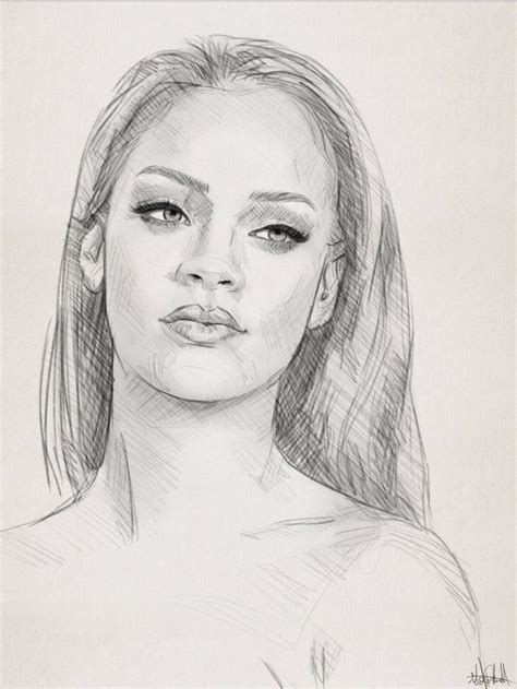 Portrait Zeichnen Mit Bleistift Rihanna Realitisch Frau Skizze Star