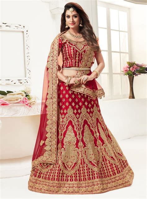 Buy Red Satin Embroidery Work A Line Bridal Lehenga Choli 101007 Online