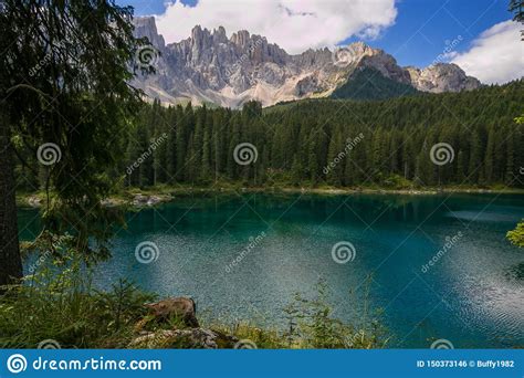 Romantic And Beautiful View Of Carezza Lake Karersee In The Italian