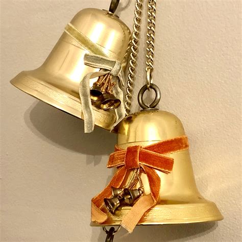 Gold Bells Set Of 3 Large Metal Bell Velvet Bows Chain Hanging Etsy