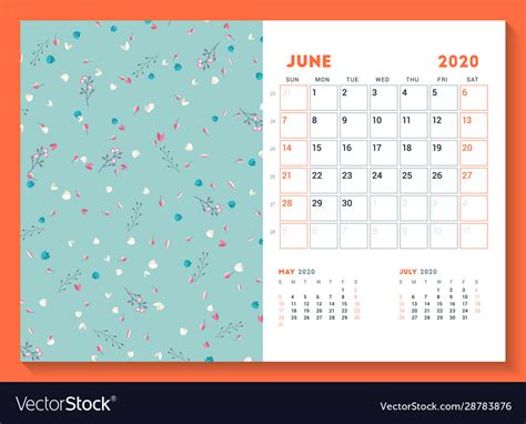 Desk Calendar Template For June 2020 Week Starts Vector Image