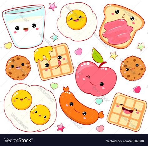 Breakfast Time Set Of Cute Food Icons In Kawaii Vector Image