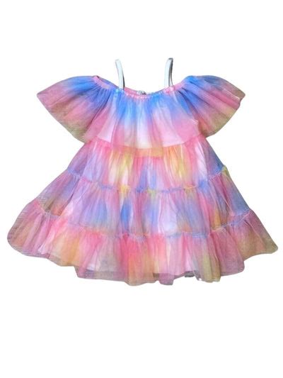 Pink Yellow And Blue Cloud Tie Dye Cold Shoulder Girls Special Occasion Dress