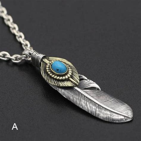 Mens Sterling Silver Turquoise Feather Pendant Necklace