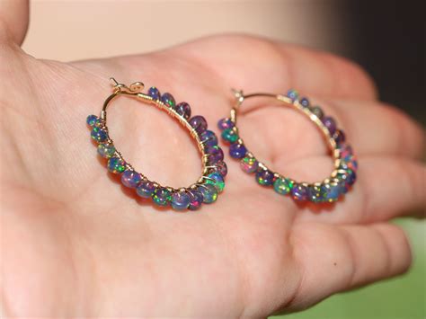 Black Opal Earrings Ethiopian Opal Hoop Earrings Welo Opal Etsy