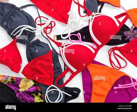 Several Colorful Womens Swimsuits On White Background Stock Photo Alamy