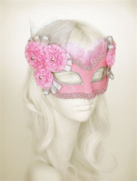 Pink And Silver Masquerade Mask With Pom Pom Flowers Venetian Style Pink Masquerade Ball Mask