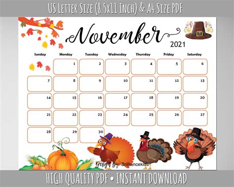 November Month Calendar 2021 Fall Planner Printable Turkey Etsy