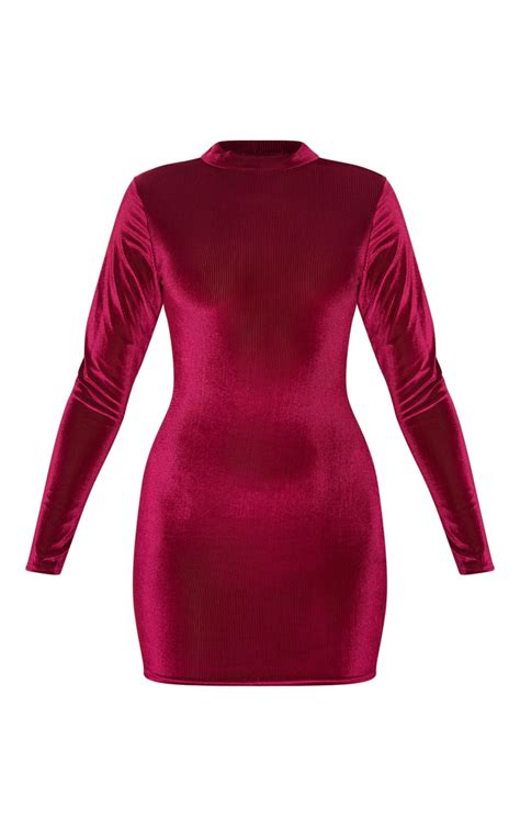 burgundy velvet high neck bodycon dress prettylittlething usa