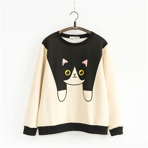 Cute Womens Clothing Cute Cat Print Pullover Contrast Sweater Quirky