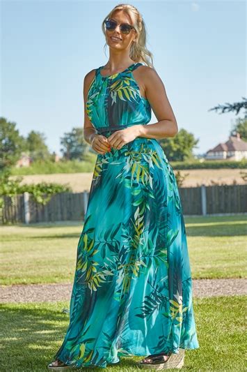 Tropical Print Maxi Dress In Aqua Roman Originals Uk