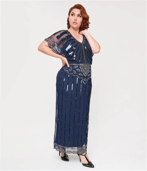 plus size 1920s navy blue beaded deco angelina maxi flapper dress unique dresses plus size