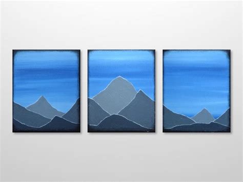 Original Triptych Mountain Range Silhouette Landscape Painting Blue