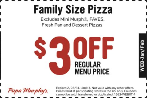 Apply the papa murphy's pizza coupon code at checkout for 25% off. Papa Murphy's Printable Coupon: Save on a Family Sized ...