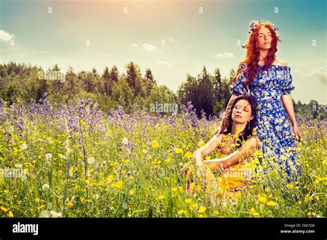 Caucasian Women In Rural Field Stock Photo Alamy