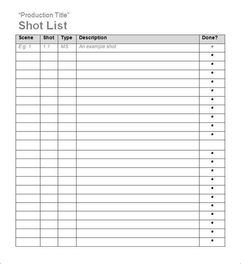 Blank Film Shot List Template