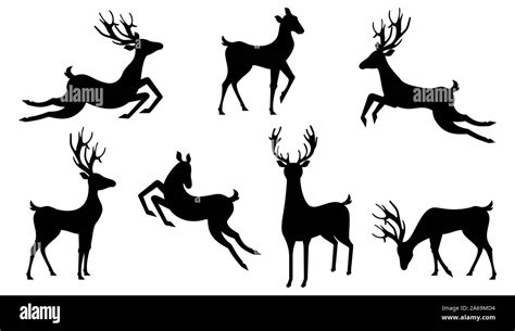 Set Silhouettes Deers Isolated Jumping And Running Reindeers Stags