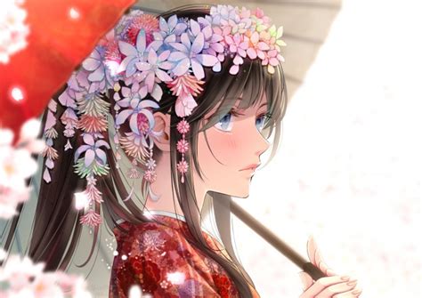 Wallpaper Kimono Anime Girl Pretty Flowers Umbrella Profile View