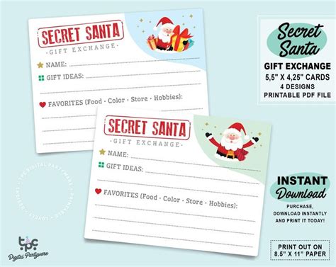 Secret Santa Form T Exchange Cards Printable Christmas Etsy