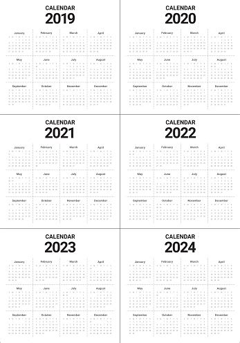This website shows every (annual) calendar including 2021, 2022 and 2023. Year 2019 2020 2021 2022 2023 2024 Calendar Vector Design Template Stock Illustration - Download ...