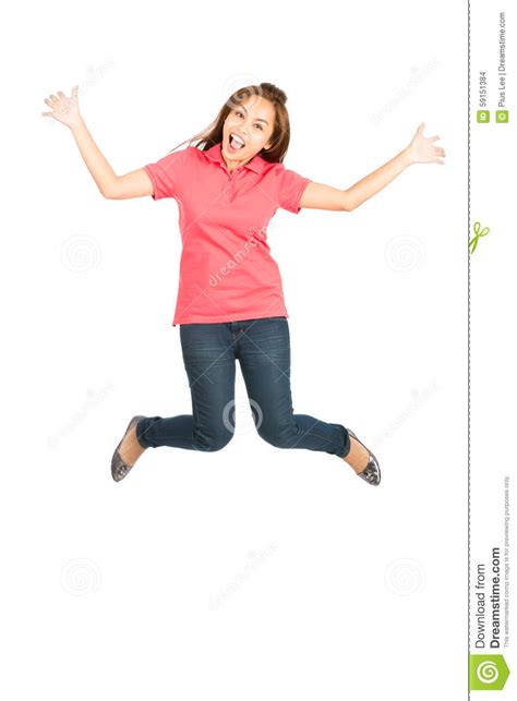 Extreme Happy Jumping Mid Air Asian Woman Spread Stock