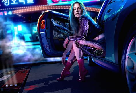 Sci Fi Cyborg Blue Hair Cyberpunk Futuristic Girl Woman Hd