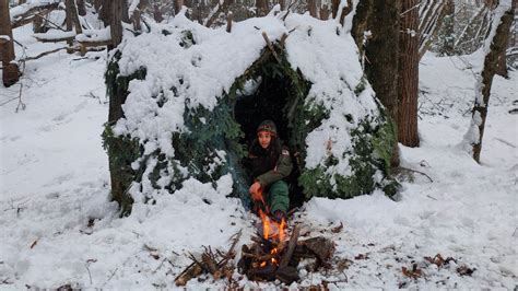 Winter Camping In A Snow Storm Alone Survival Shelter Build Cold