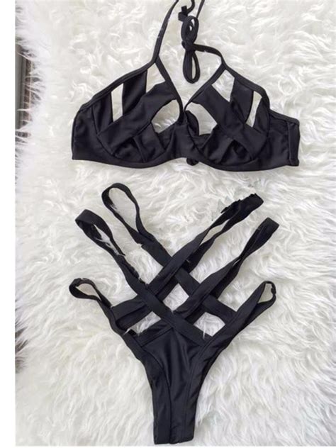Sexy Black Halter Neck Hollow Out Criss Cross High Waist Bandage Bikini Set Two Piece At Banggood