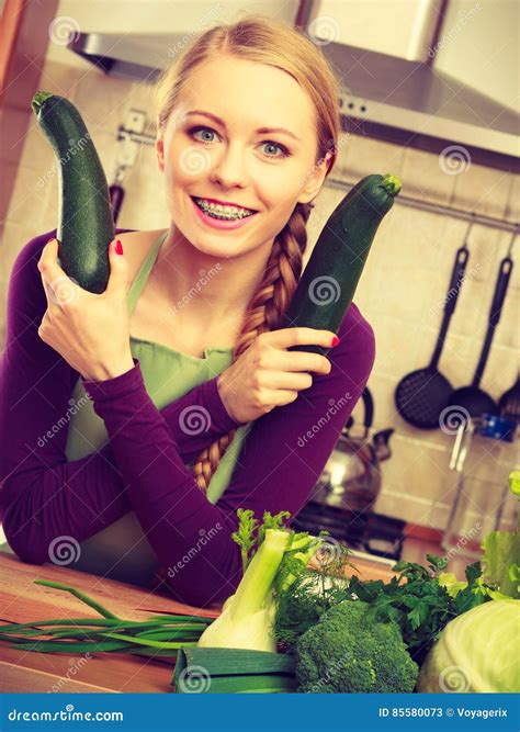 Woman Housewife In Kitchen With Green Vegetables Stock Image Image Of Leafy Fibre 85580073
