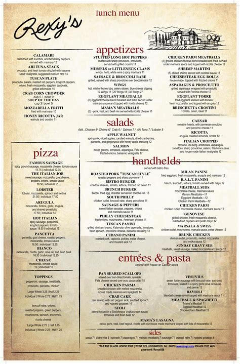 Rexy's Bar & Restaurant menu in West Collingswood Heights, New Jersey, USA