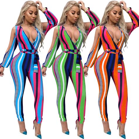 Imysen Sexy Striped Jumpsuit V Neck Long Expose Sleeve Belt Jumpsuits Full Length Women Romper