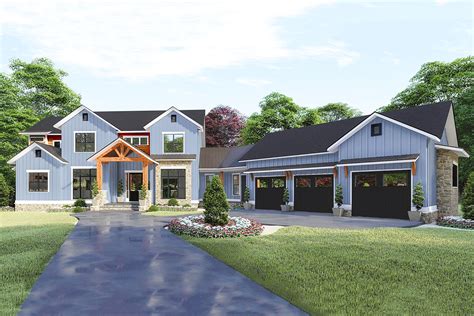 Spacious New American Farmhouse Plan With Angled 3 Car Garage 70631mk