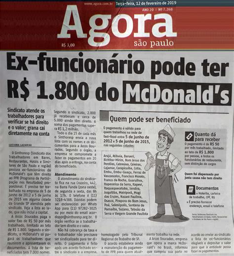 Jornal Agora divulga acordo de PPR com McDonald's - SINTHORESP