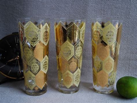 Mid Century Modern Glasses Set Of 3 Extra Tall Mid Century Etsy Pineapple Design Gold