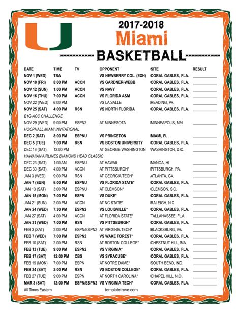 Printable 2017 2018 Miami Hurricanes Basketball Schedule