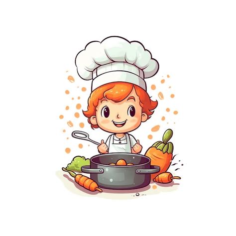Chef Dos Desenhos Animados Cozinhar Uma Cenoura Com Uma Grande Panela