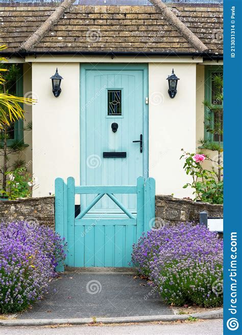 Blue Cottage Door And Front Garden Flowers Stock Photo Image Of
