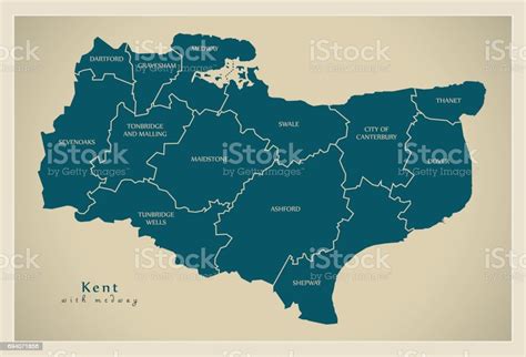 Modern Map Kent County With Labels Including Medway Uk Illustration
