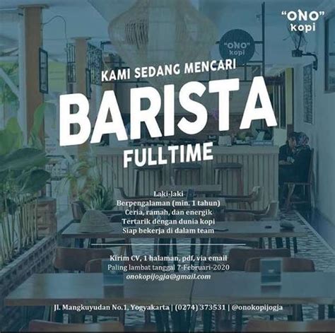 Jarak halte trans jogja dari stasiun lempuyangan hanya sekitar 50 meter, caranya begitu anda keluar dari pintu keluar stasiun lempuyangan langsung jalan. Lowongan Kerja Barista Ono Kopi Jogja - Indah Pratiwi di ...
