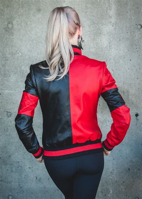 Buy Womens Harley Quinn Bomber Leather Jacket Black Red Classic Split