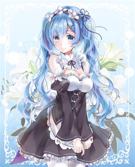 Blue Haired Female Anime Illustration White Background Cleavage Maid Rezero Kara Hajimeru