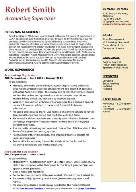 Oversees the collection and analysis of financial information for an organization. Accounting Supervisor Resume Samples | QwikResume