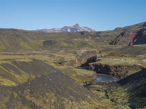 Icelandic Landscape With Blue Markarfljot River Canyon Green Hills And