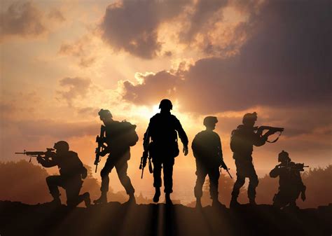 Six Military Silhouettes On Sunset Sky Background Smart