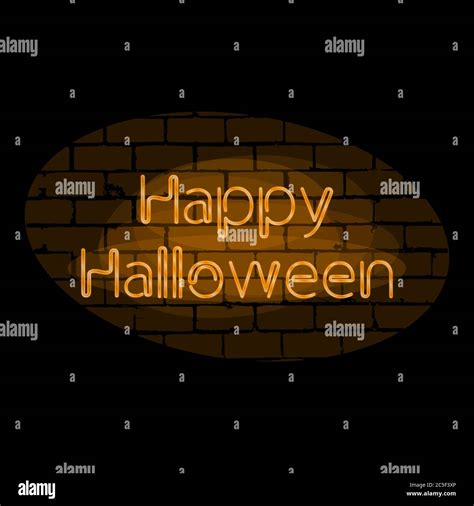 Happy Halloween Orange Color Neon Text On Black Brick Wall Background