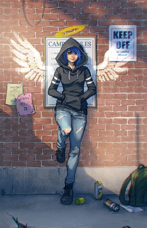 Female Anime Character Leaning On Brown Brick Wall Illustration Woman In Gray Hoodie Leaning Ag