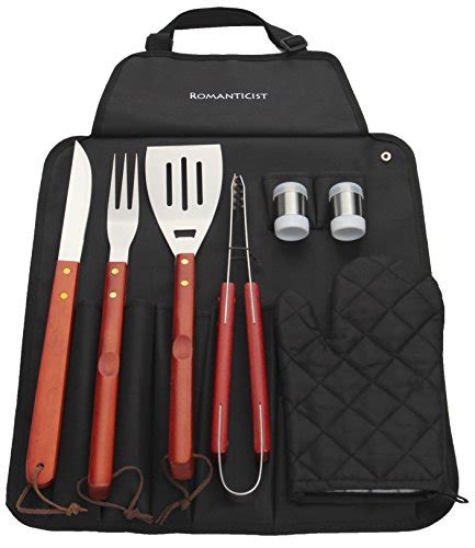 8 pcs stainless steel bbq grill tool set with hard wood handle in fold n snap apron storage