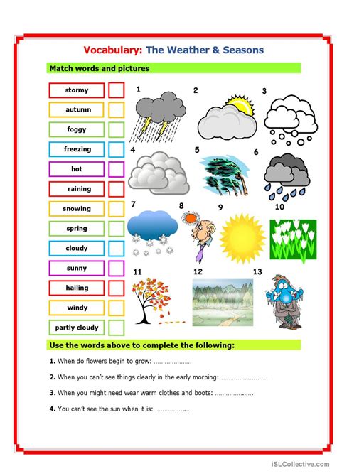 Vocabulary Weather And Seasons English Esl Worksheets Pdf And Doc