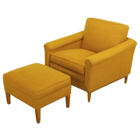 Charles leather swivel chair & ottoman with wood base. Rolled Arm Ochre Wool Lounge Chair and Ottoman at 1stdibs