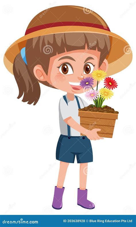 Girl Holding Flower In Pot Cartoon Character Isolated On White